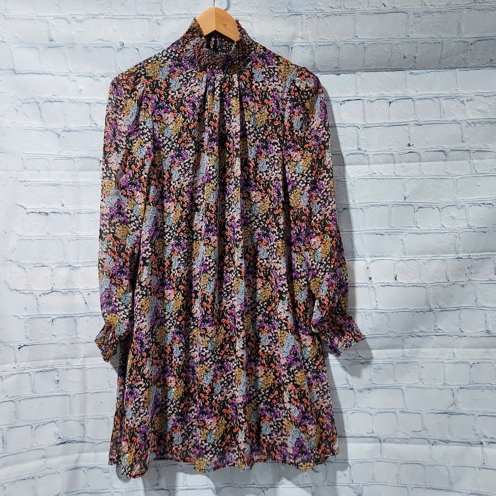 Fishbowl Womens L Sheer Sleeve Dress Floral Boho Festival Hippie Preppy Cottage